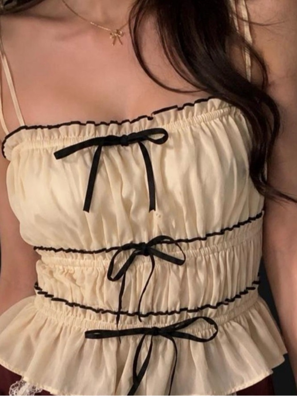 Women’s Cream Ruffle Smocked Tank Top with Black Trim